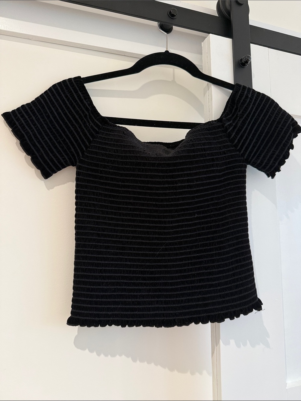 Aqua Black Ribbed Off-Shoulder Crop Top